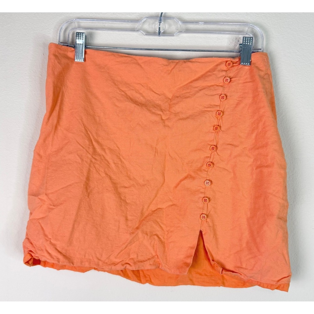 Blue Rain Skirt Womens L Orange Mini Button Detail Linen Blend TFD70375